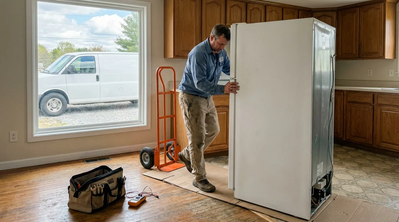 Appliance repair technician walking a refrigerator out from a kitchen wall onto a cardboard runner with an appliance dolly nearby