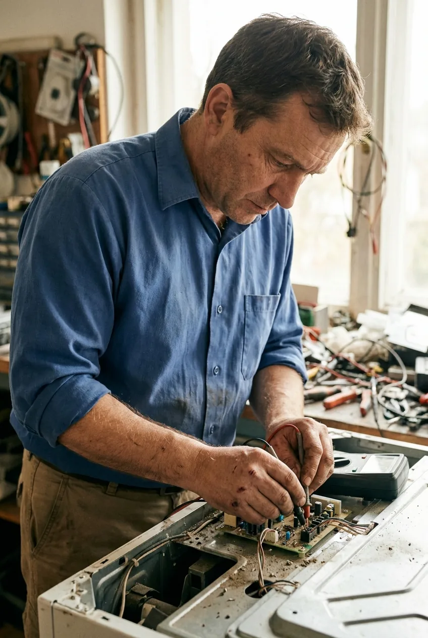 Appliance repair technician probing a control board terminal with a digital multimeter behind an open appliance back panel