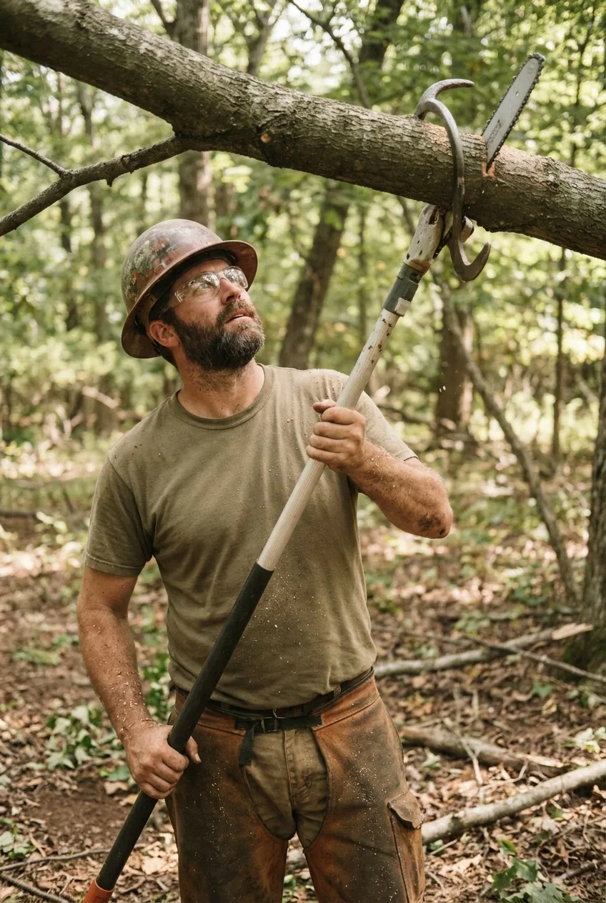 Tree service professional trimming a low branch with an extendable pole saw with a small bar and curved hook