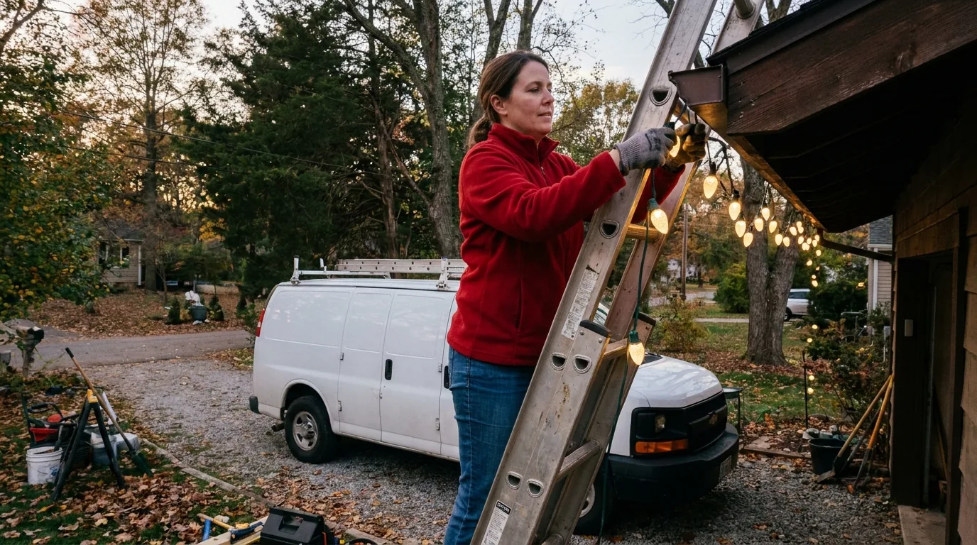 Holiday lighting installer installing a strand of commercial C9 warm-white bulbs along the eaves of a house at dusk