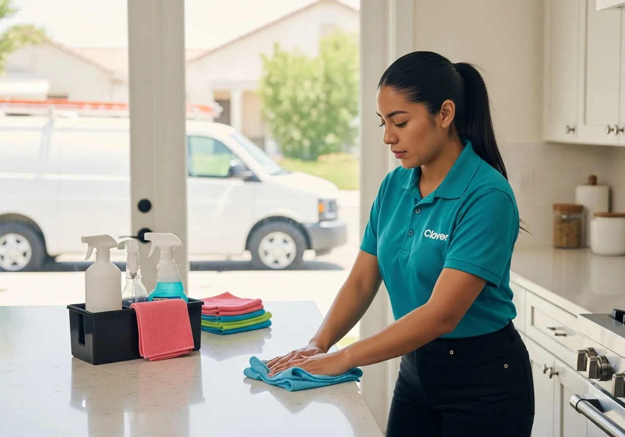 House cleaner wiping down counters in a bright modern kitchen with a folded microfiber cloth