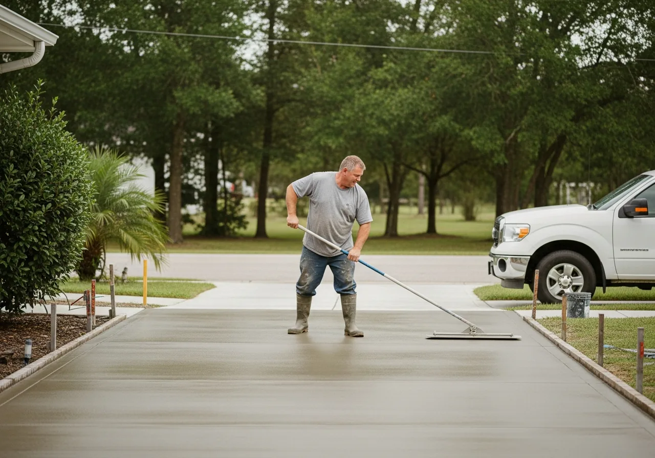 Concrete finisher smoothing a freshly poured driveway slab with a magnesium bull float on a long pole