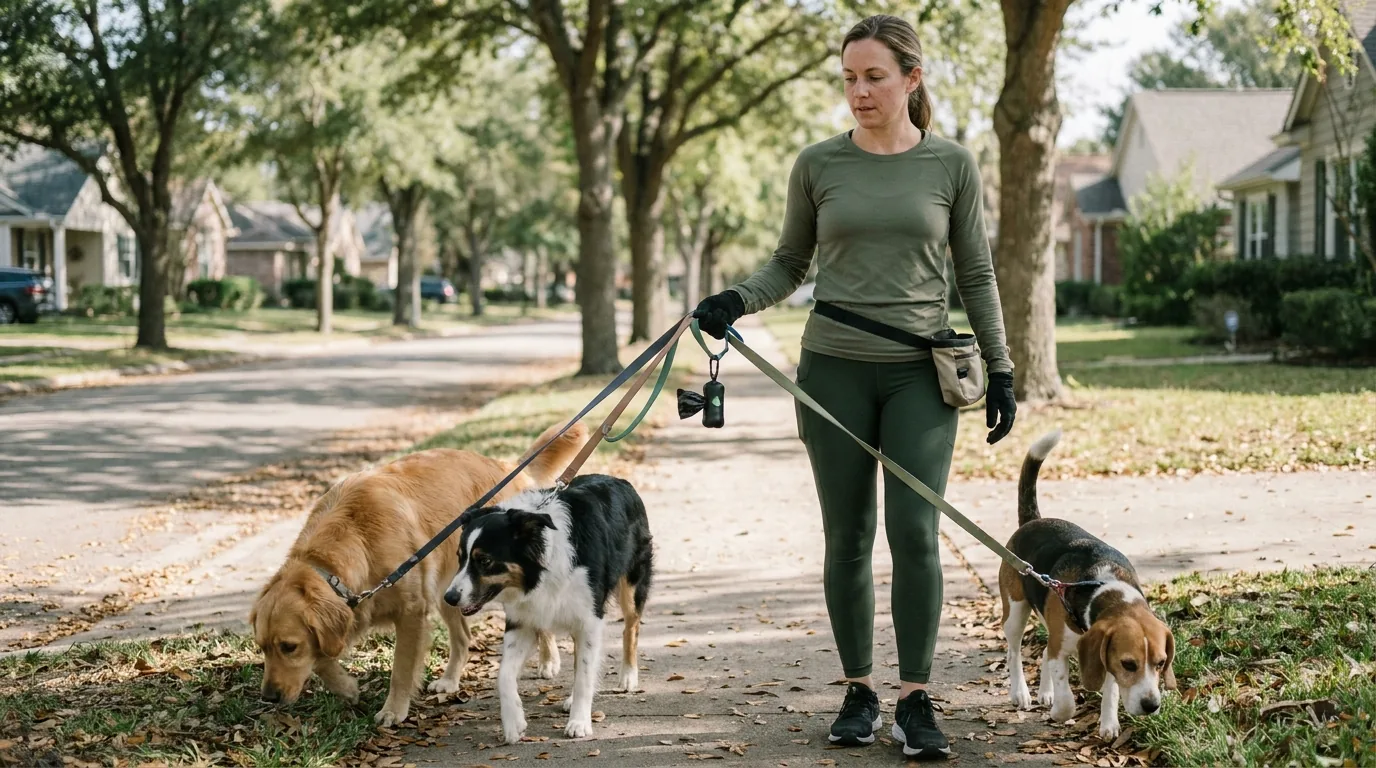 Dog walker holding three leashes fanned in one hand