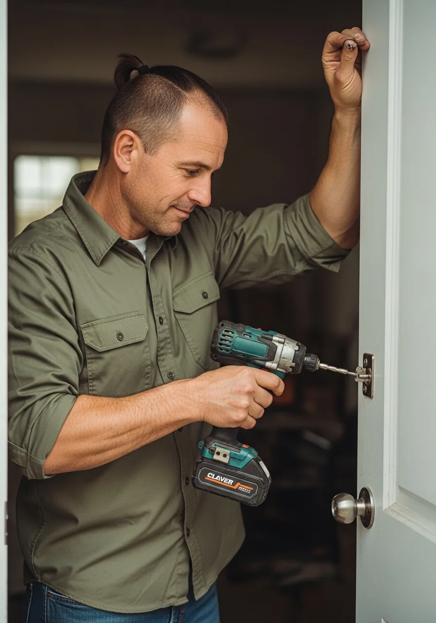 Door and window installer adjusting an interior door hinge with a cordless impact driver and a Phillips bit