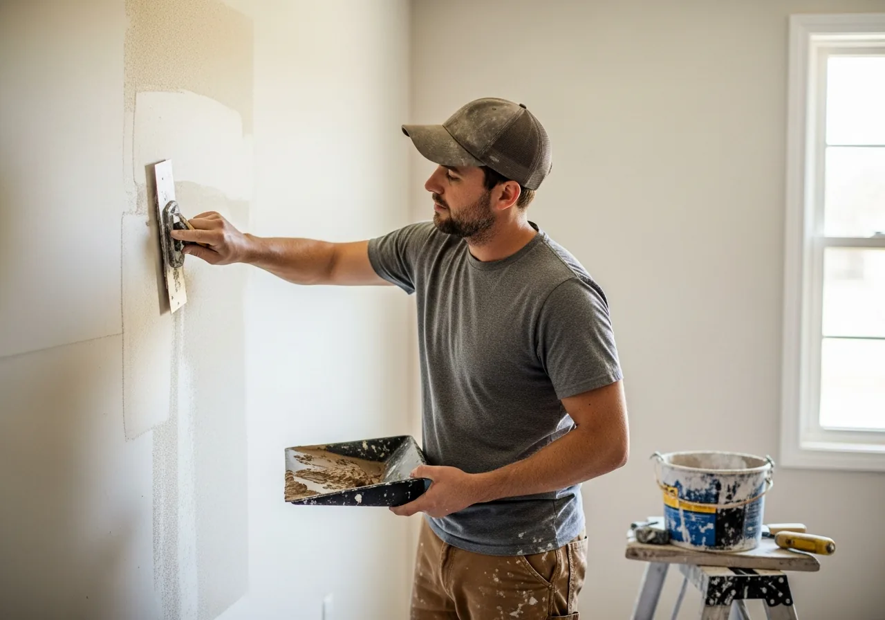 Drywall finisher smoothing a large patch of joint compound on a bedroom wall with a 12-inch taping knife