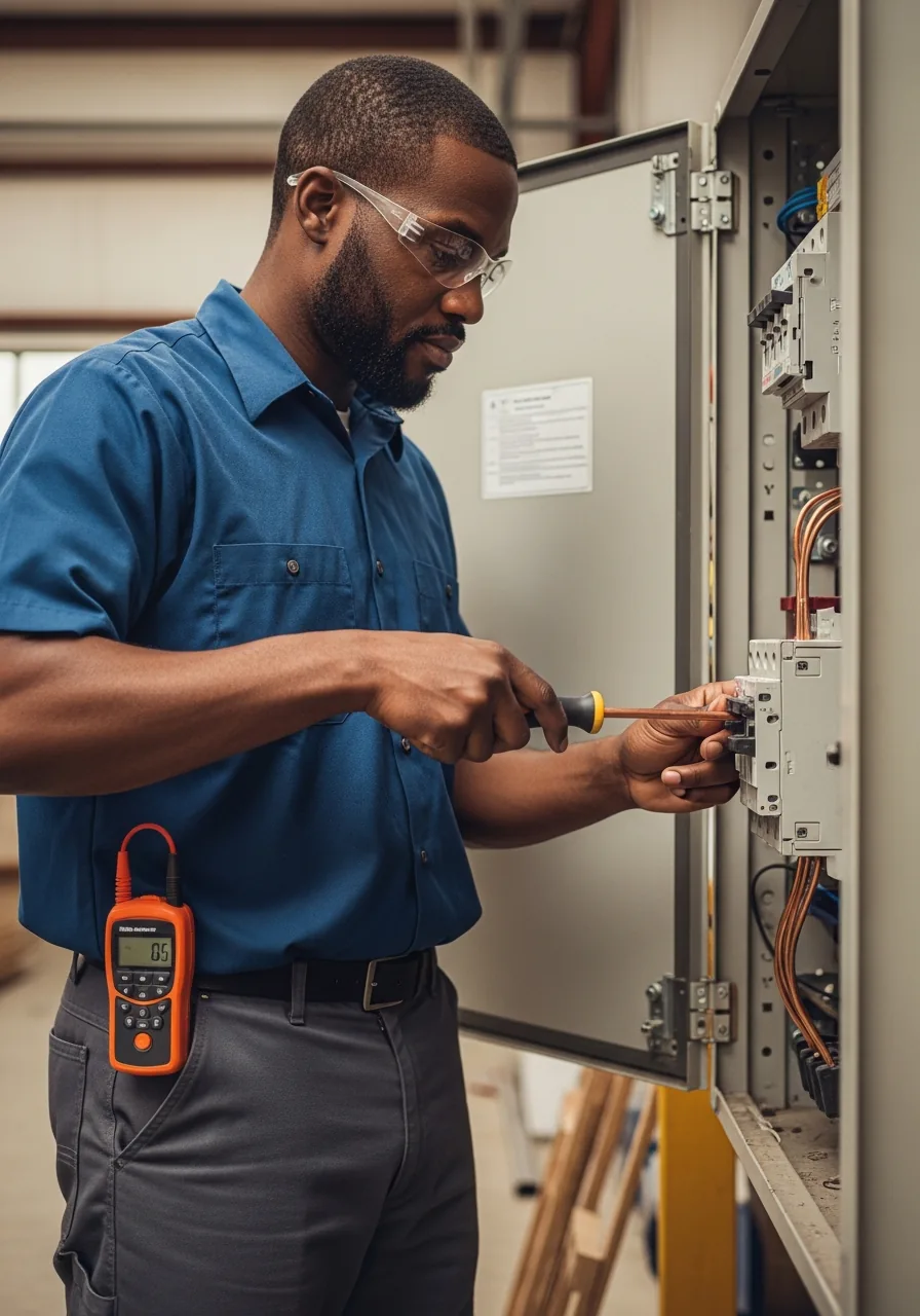 Electrician in safety glasses landing a stripped copper conductor onto a breaker lug inside an open load center using an insulated torque screwdriver