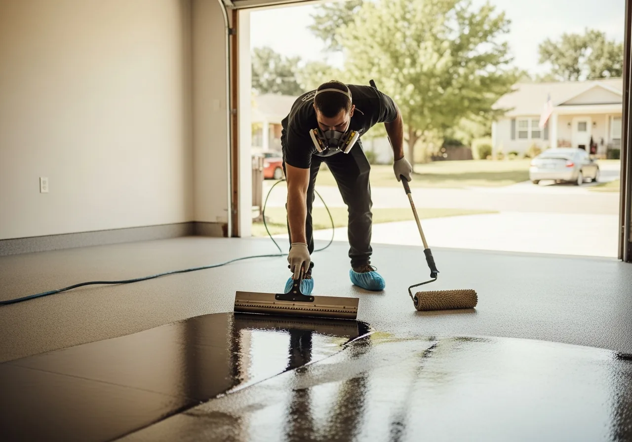 Epoxy floor coating installer spreading glossy epoxy coating across a clean garage floor with a notched squeegee