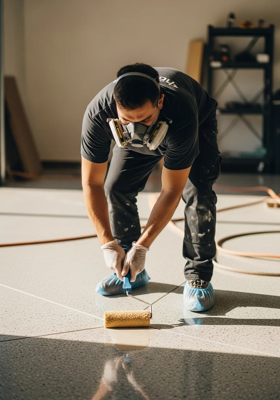 Epoxy floor coating installer cutting in the corner of a garage floor with a short-nap roller on a stub handle