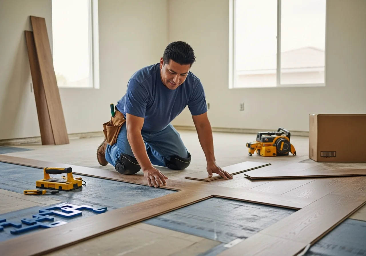 Flooring installer laying click-lock vinyl plank flooring across a sunlit empty room over rolled underlayment