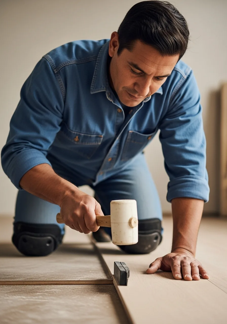 Flooring installer tapping a floor plank tight with a white rubber mallet struck against a tapping block