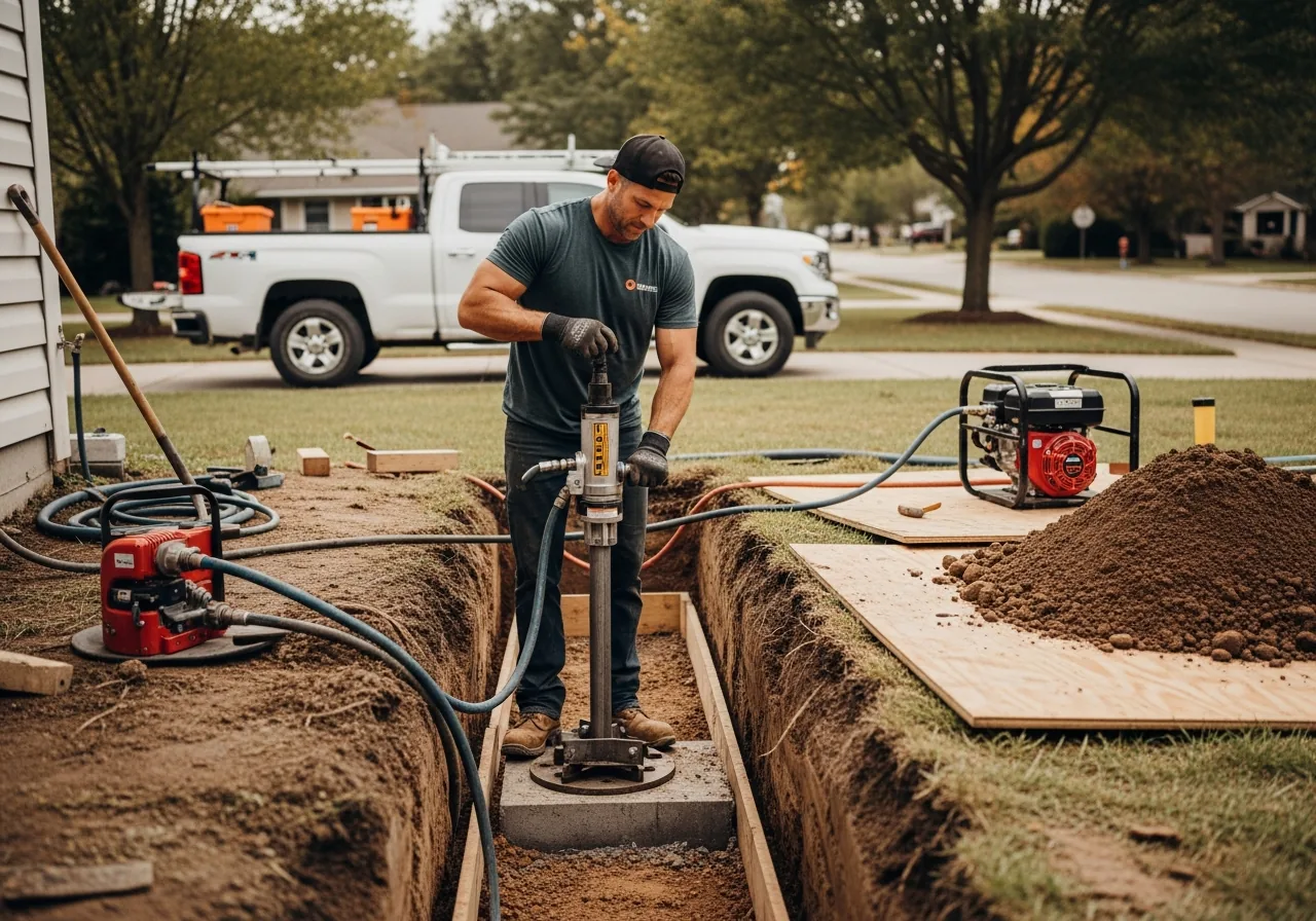 Foundation repair specialist working in a narrow excavation beside a footing
