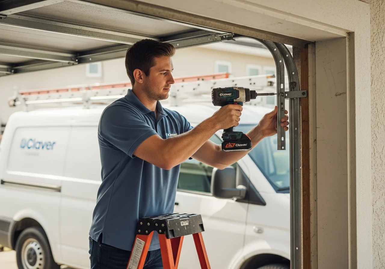 Garage door technician on a step ladder using a cordless impact driver with a deep socket to adjust a vertical track bracket on a partially closed residential sectional garage door