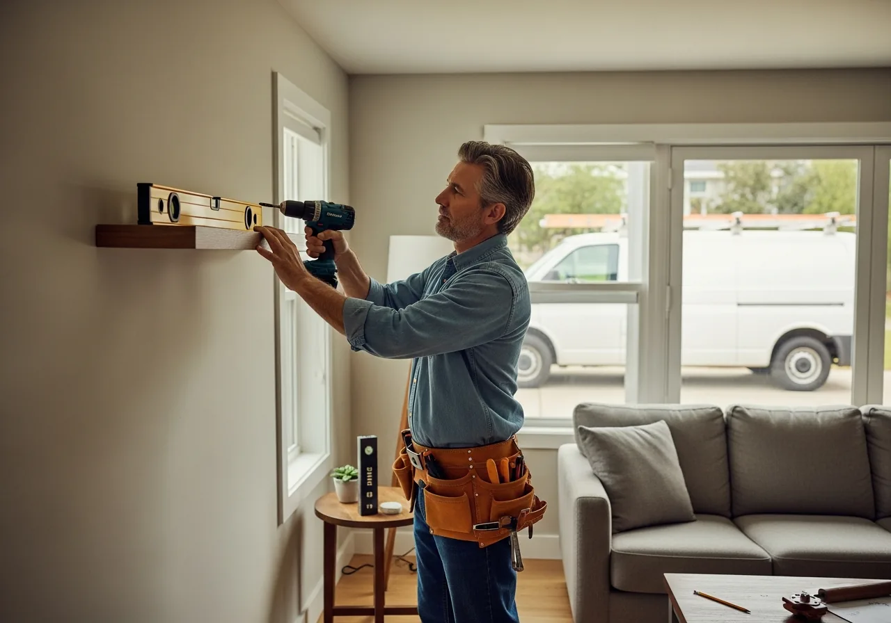 Handyman mounting a floating shelf on a living-room wall with a cordless drill-driver