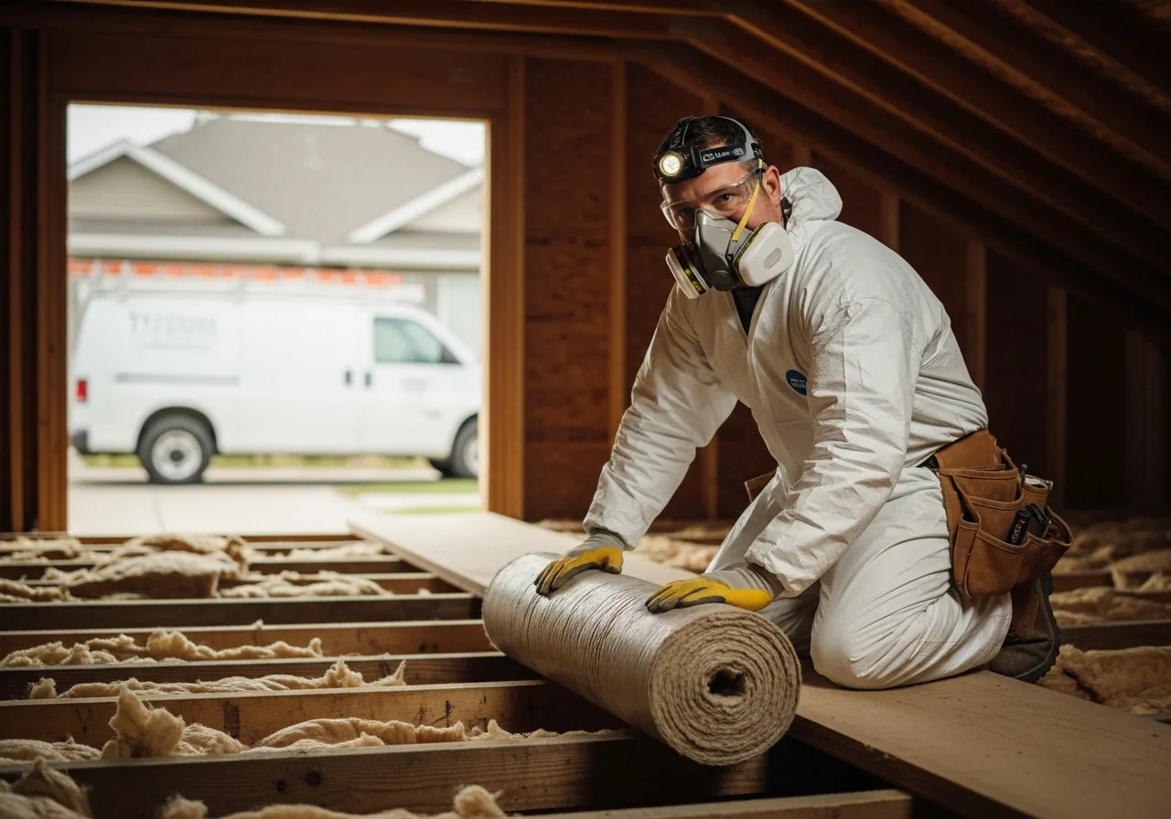 Insulation installer in a Tyvek suit