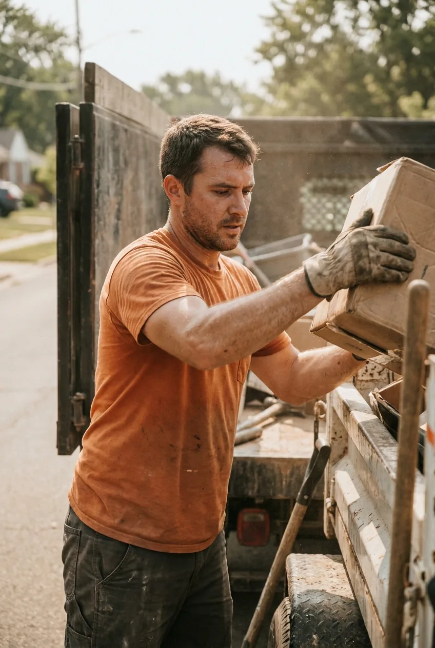 Junk removal pro loading a cardboard box into the high-side bed of a junk-removal dump truck