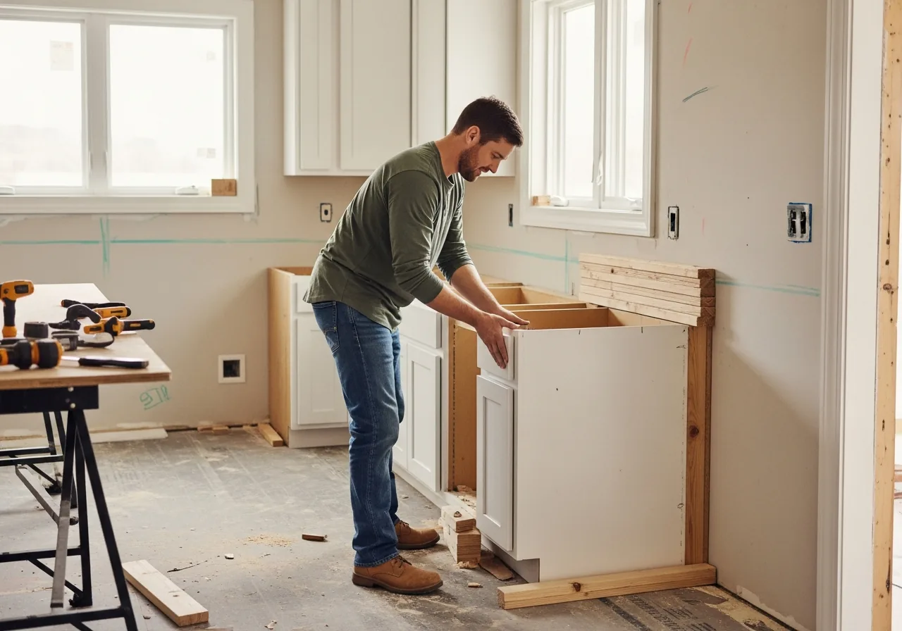 Kitchen remodeler fitting a new base cabinet against a kitchen wall mid-remodel with shims and a temporary ledger board