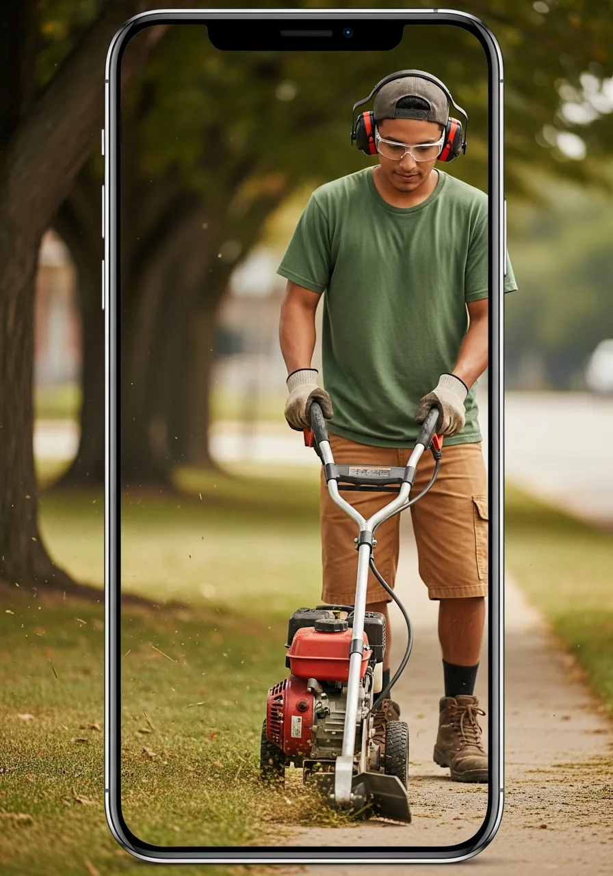 Lawn care professional in safety glasses and ear protection running a gas stick edger with a steel blade along a sidewalk