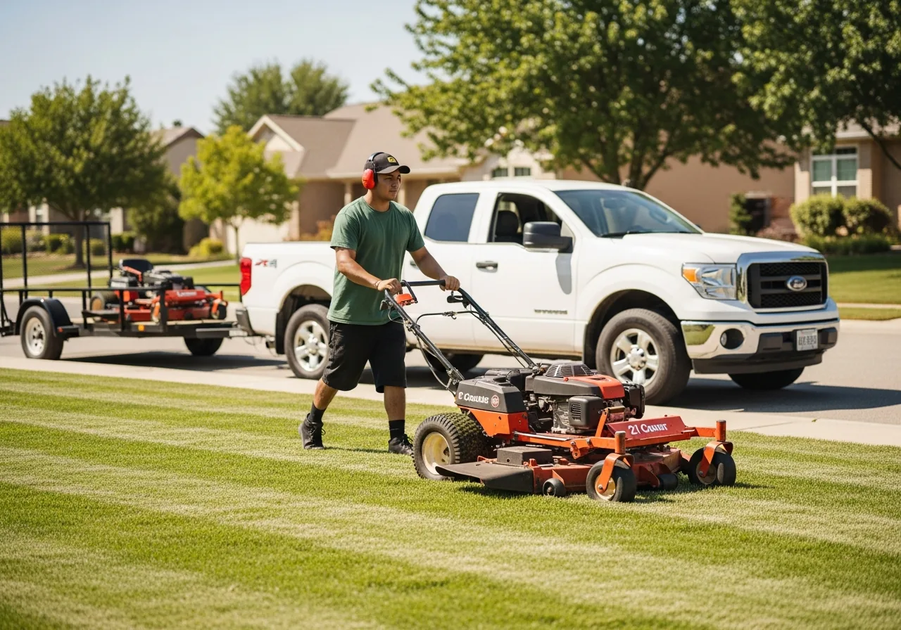 Lawn care professional in ear protection pushing a commercial 21-inch self-propelled mower across a striped suburban front lawn on a sunny morning