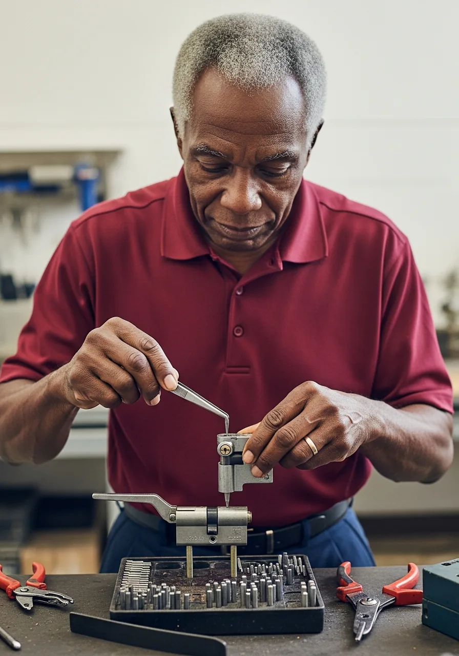 Locksmith holding a lever-handle lockset cylinder over a rekeying tray of pin stacks