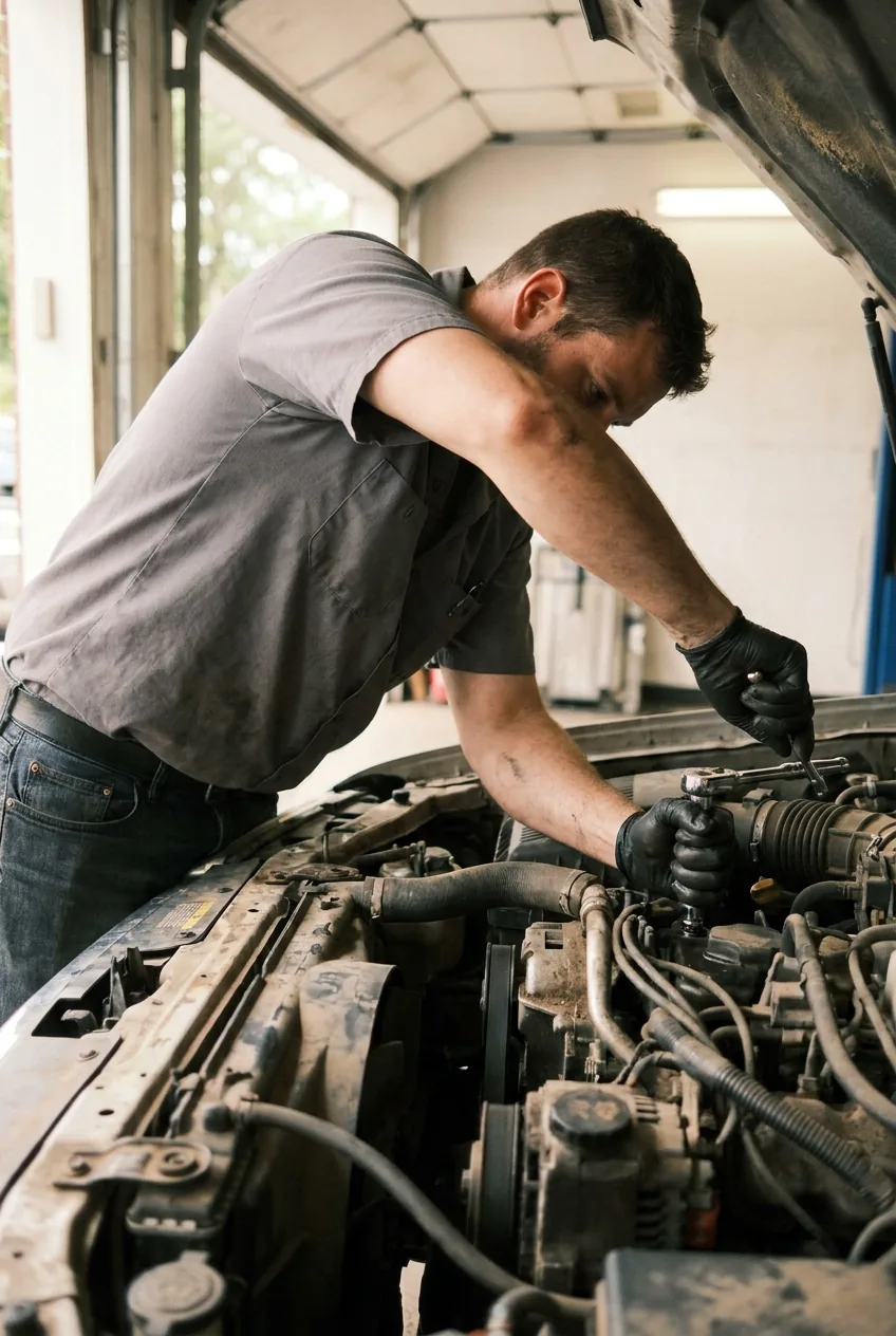 Mobile mechanic tightening a bolt in an engine bay with a 3/8 inch ratchet and socket
