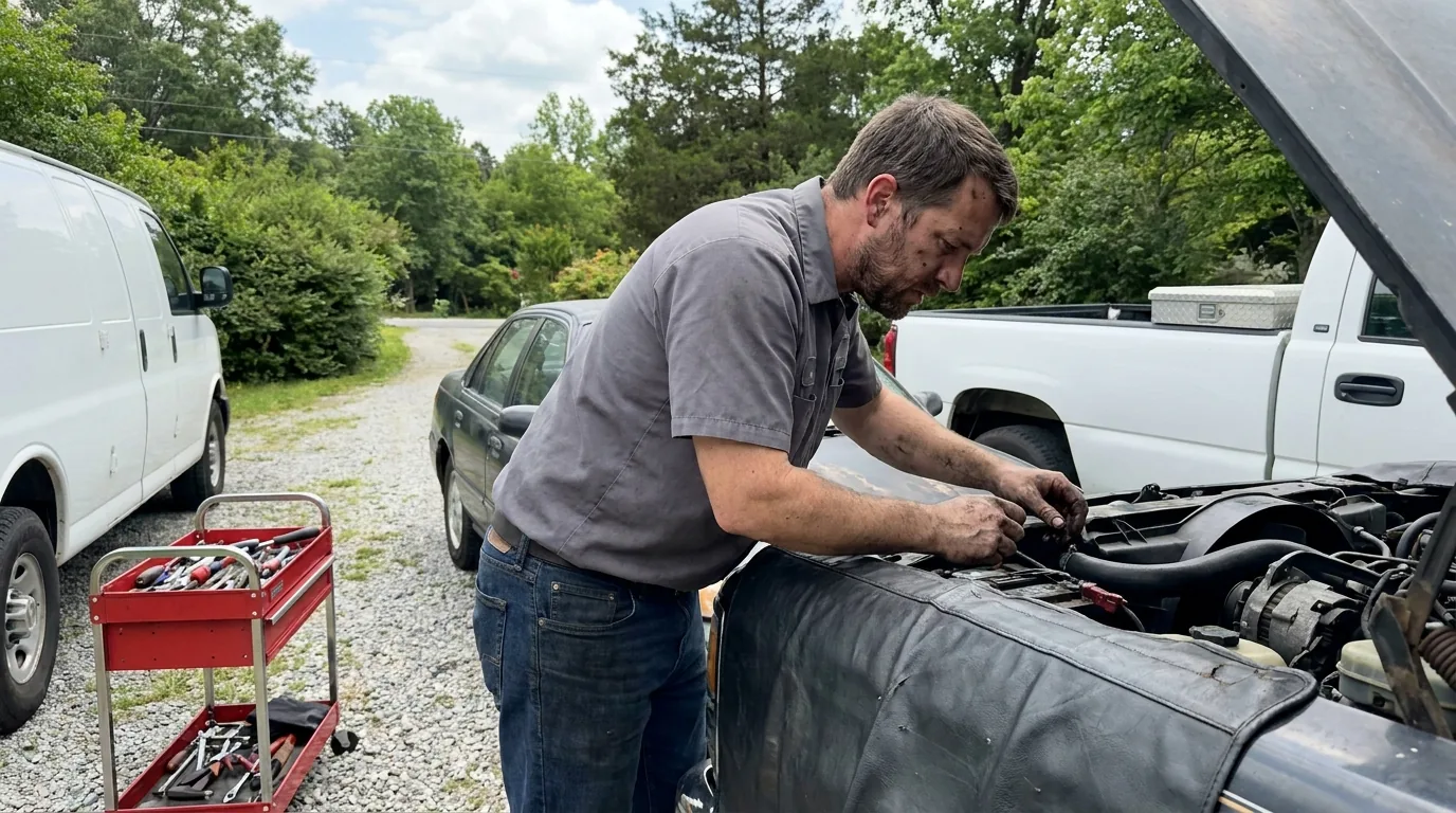 Mobile mechanic working under the open hood of a car in a driveway with a fender cover draped over the fender