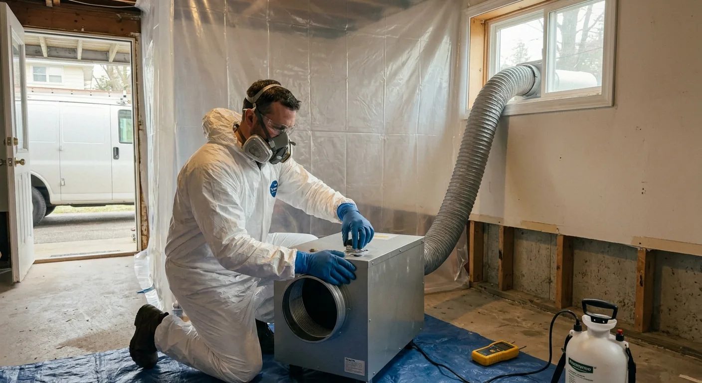 Mold remediation technician in full ppe setting up a hepa negative-air machine inside a sealed plastic containment zone in a residential basement