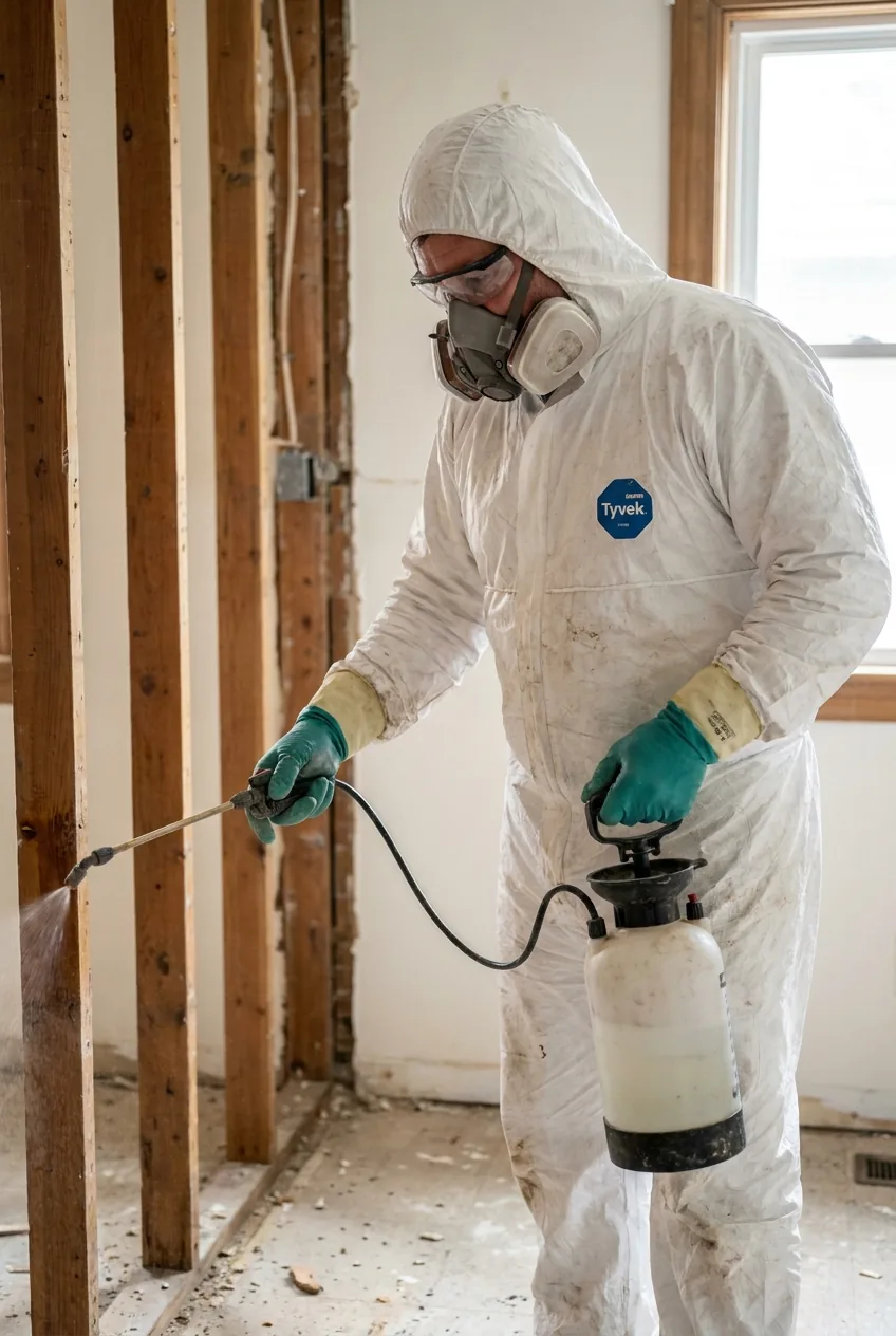 Mold remediation technician in full ppe spraying an antimicrobial treatment from a handheld pump sprayer onto exposed framing studs after mold remediation