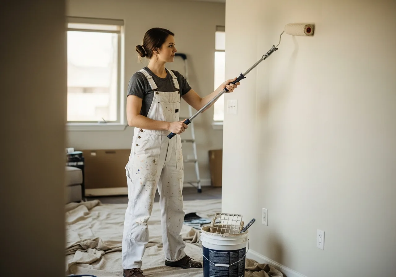 Painter rolling pale paint onto an interior living-room wall using a 9-inch roller on an extension pole
