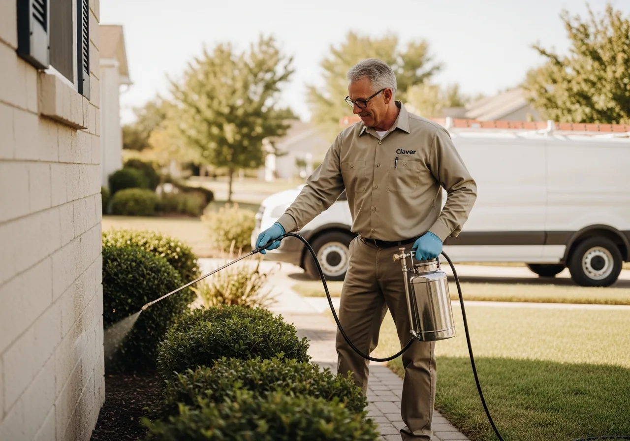 Pest control technician in nitrile gloves spraying a pin-stream along the base of an exterior house wall with a 1-gallon stainless compression sprayer with a long brass wand