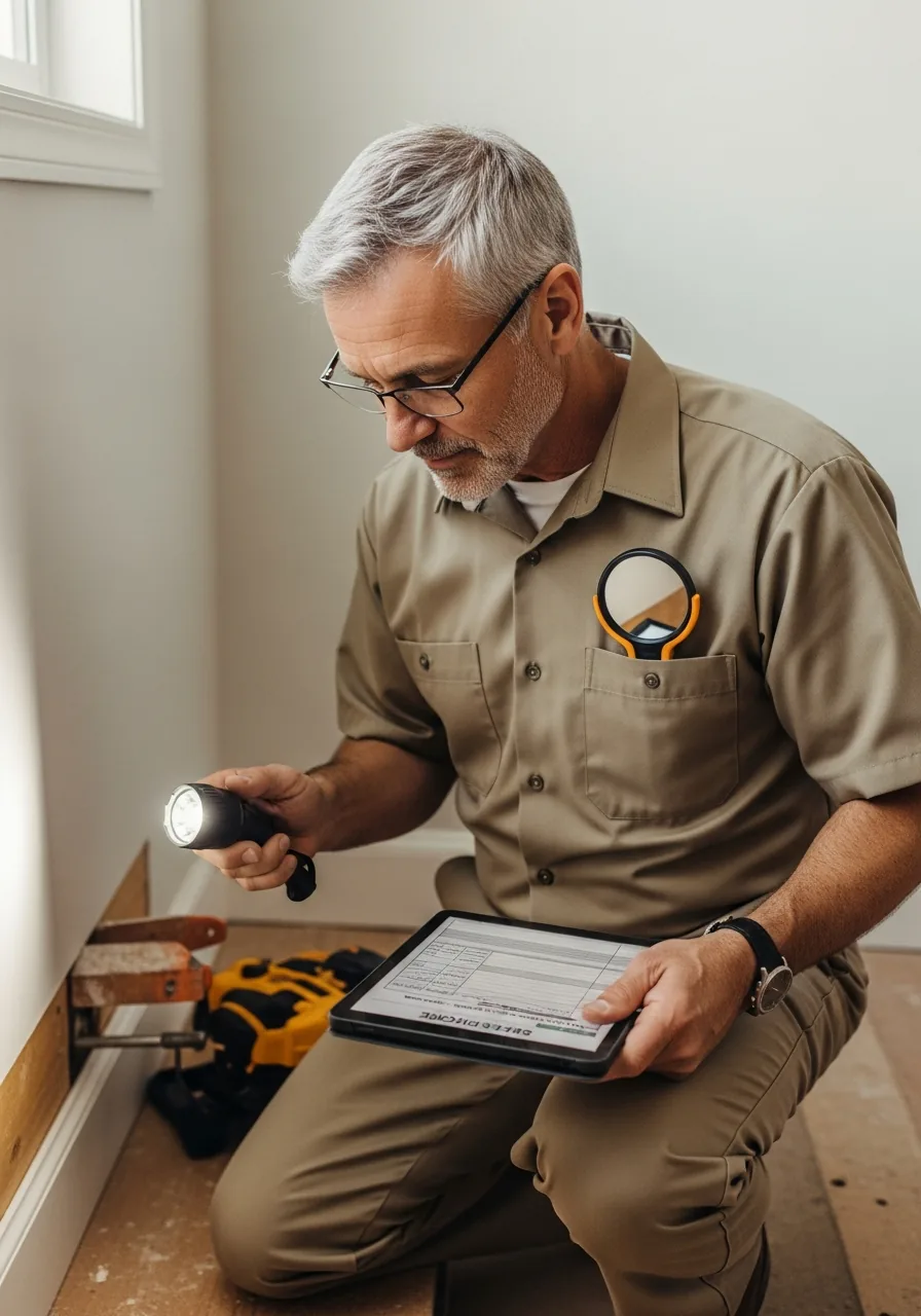 Pest control technician kneeling to inspect a baseboard corner indoors with a bright LED flashlight in one hand and a tablet with a service form resting on his knee