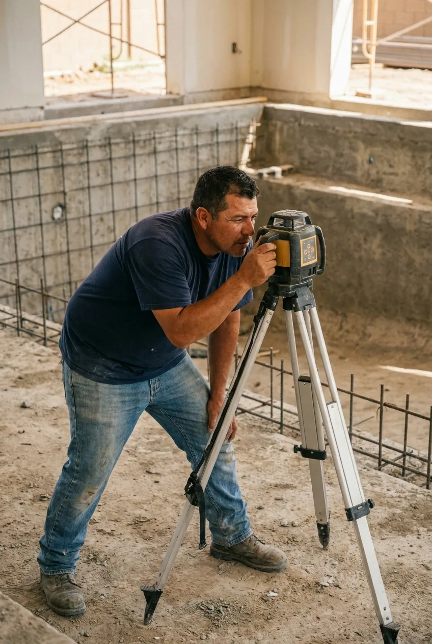 Swimming pool builder sighting through a rotary laser level on a tripod across a pool shell under construction
