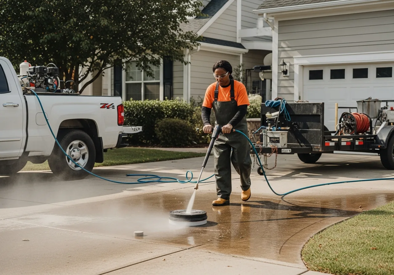 Pressure washing technician pushing a round flat-surface cleaner attachment across a concrete driveway