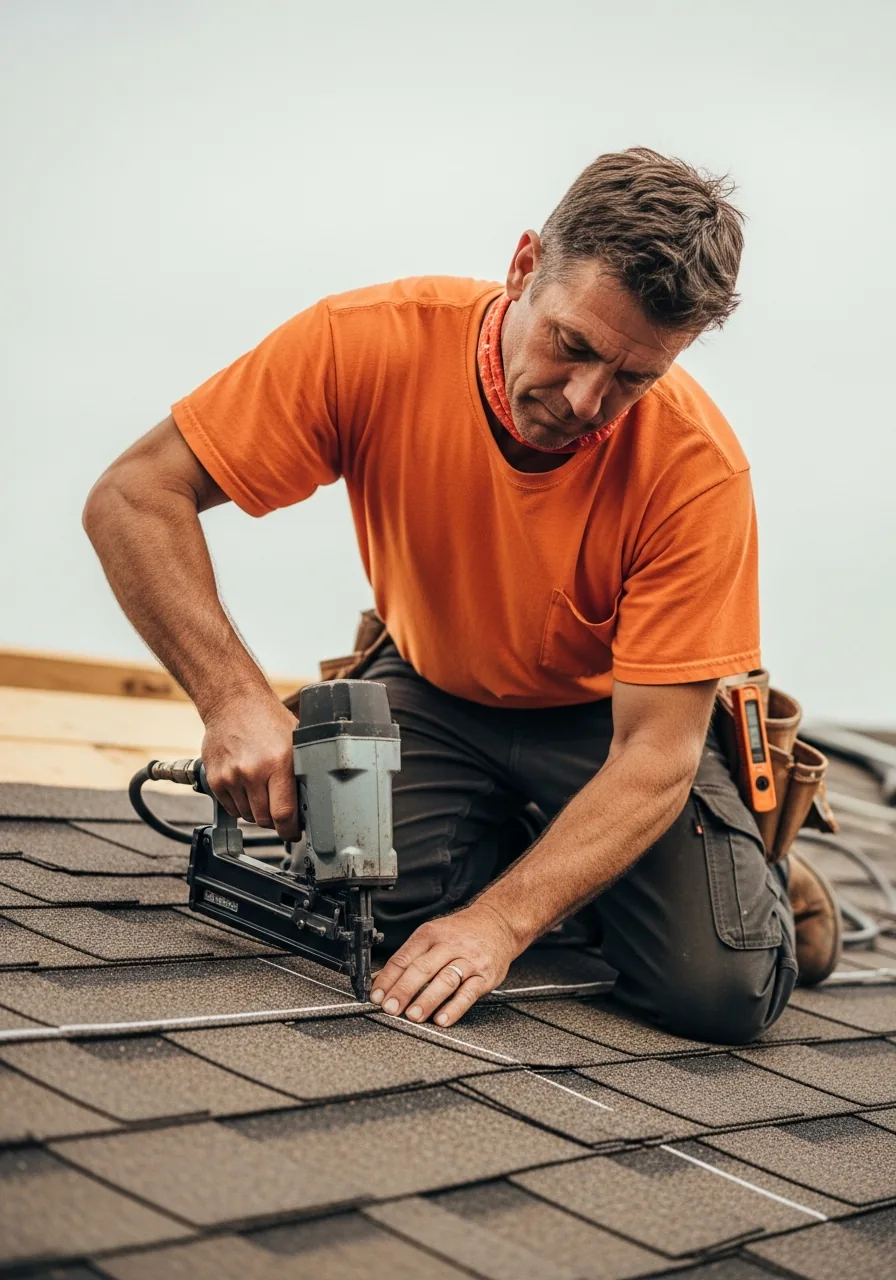 Roofer kneeling on an asphalt-shingle roof nailing the top edge of a course of shingles with a pneumatic coil nailer