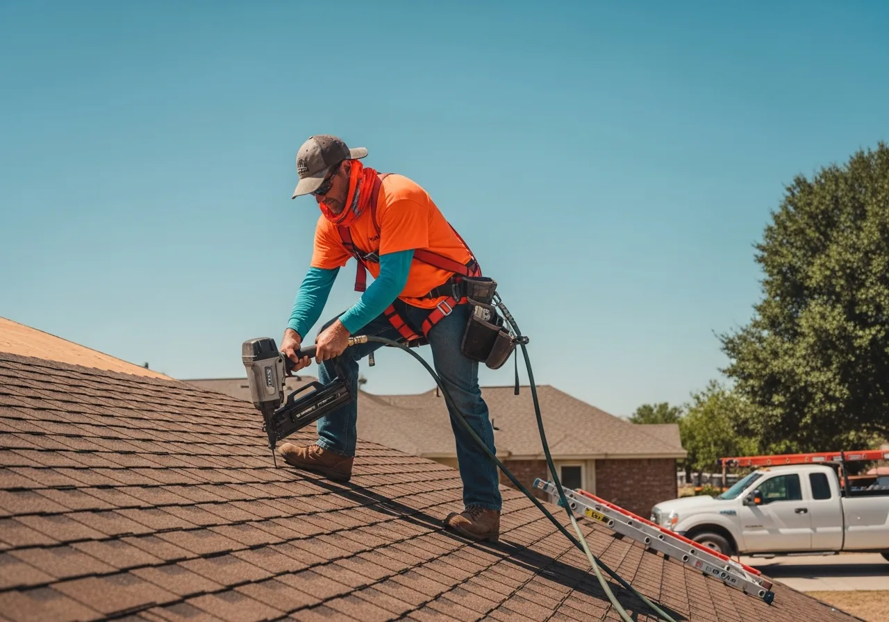 Roofer in a safety harness tied off to a ridge anchor
