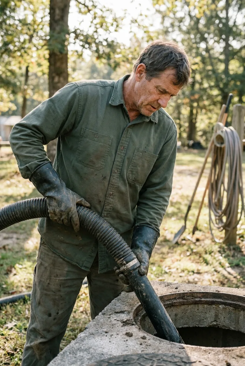 Septic service technician guiding the rigid end of a 3-inch vacuum suction hose into the septic access opening