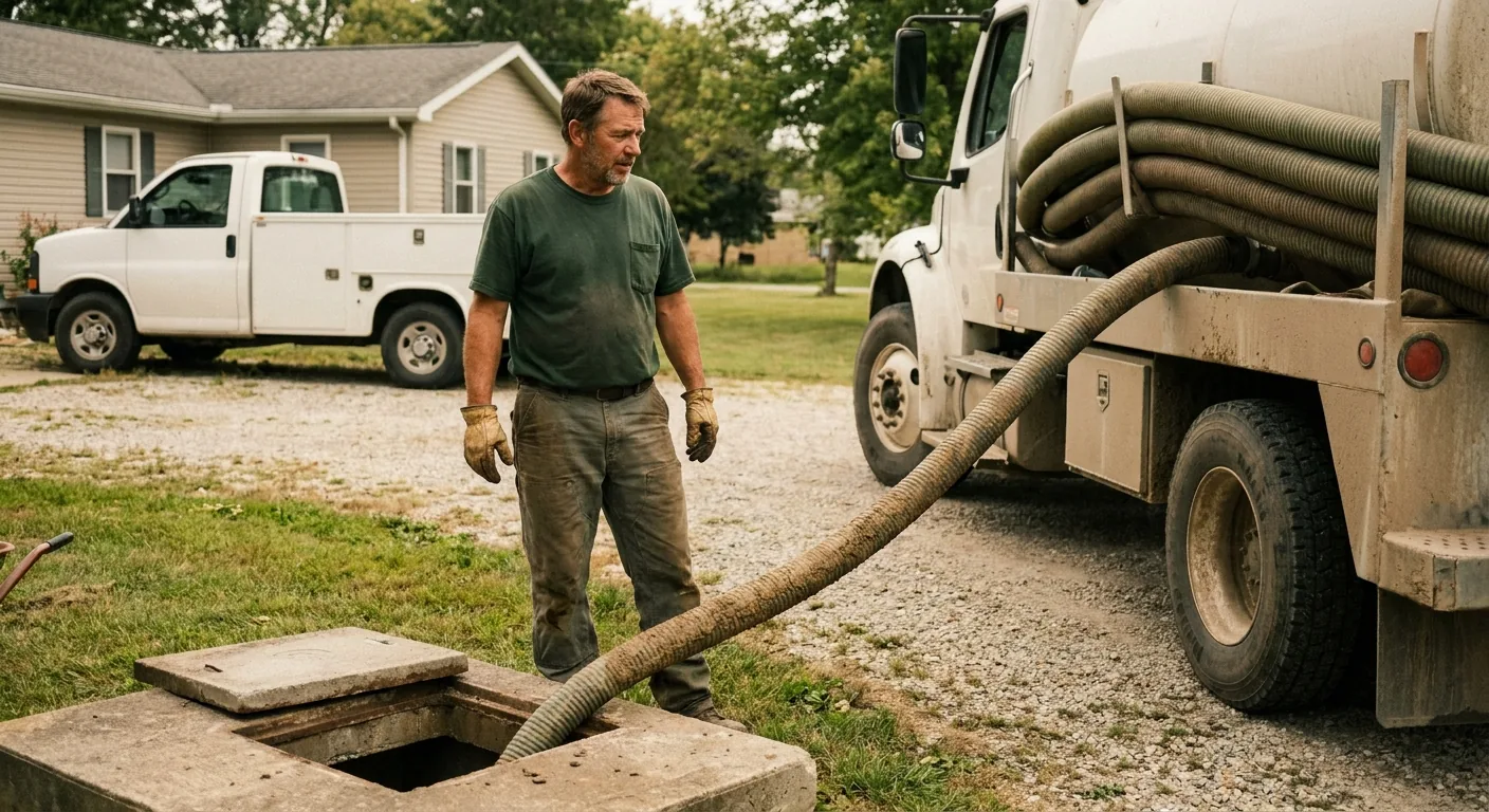 Septic service technician standing beside an open septic tank lid in a yard next to a vacuum pumper truck
