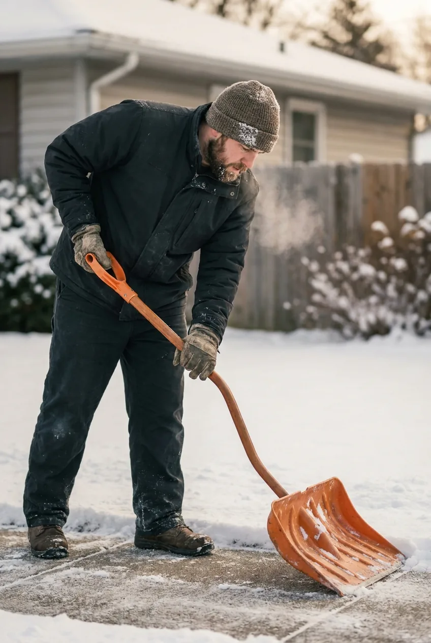 Snow removal operator scraping the last edge of a walkway with an ergonomic bent-shaft poly snow pusher