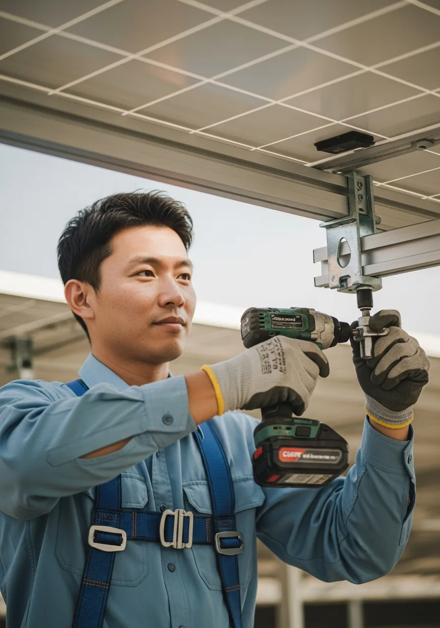Solar installer harnessed and using a cordless impact driver to tighten a stainless mid-clamp securing a PV module to an aluminum mounting rail