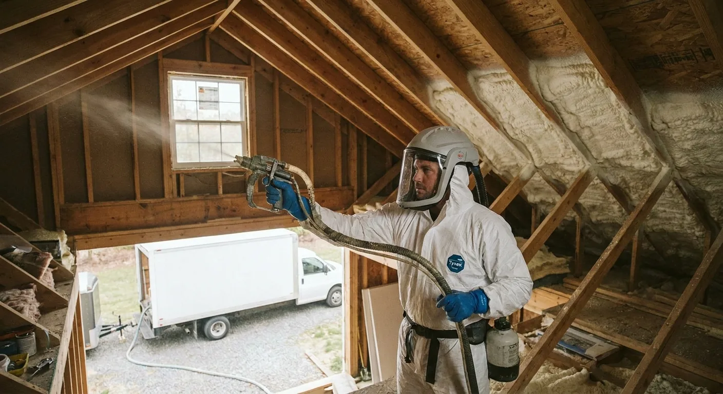 Spray foam insulation installer in full ppe inside an unfinished attic spraying closed-cell spray foam between roof rafters with a long spray-foam gun on a heated hose running to a proportioner rig outside