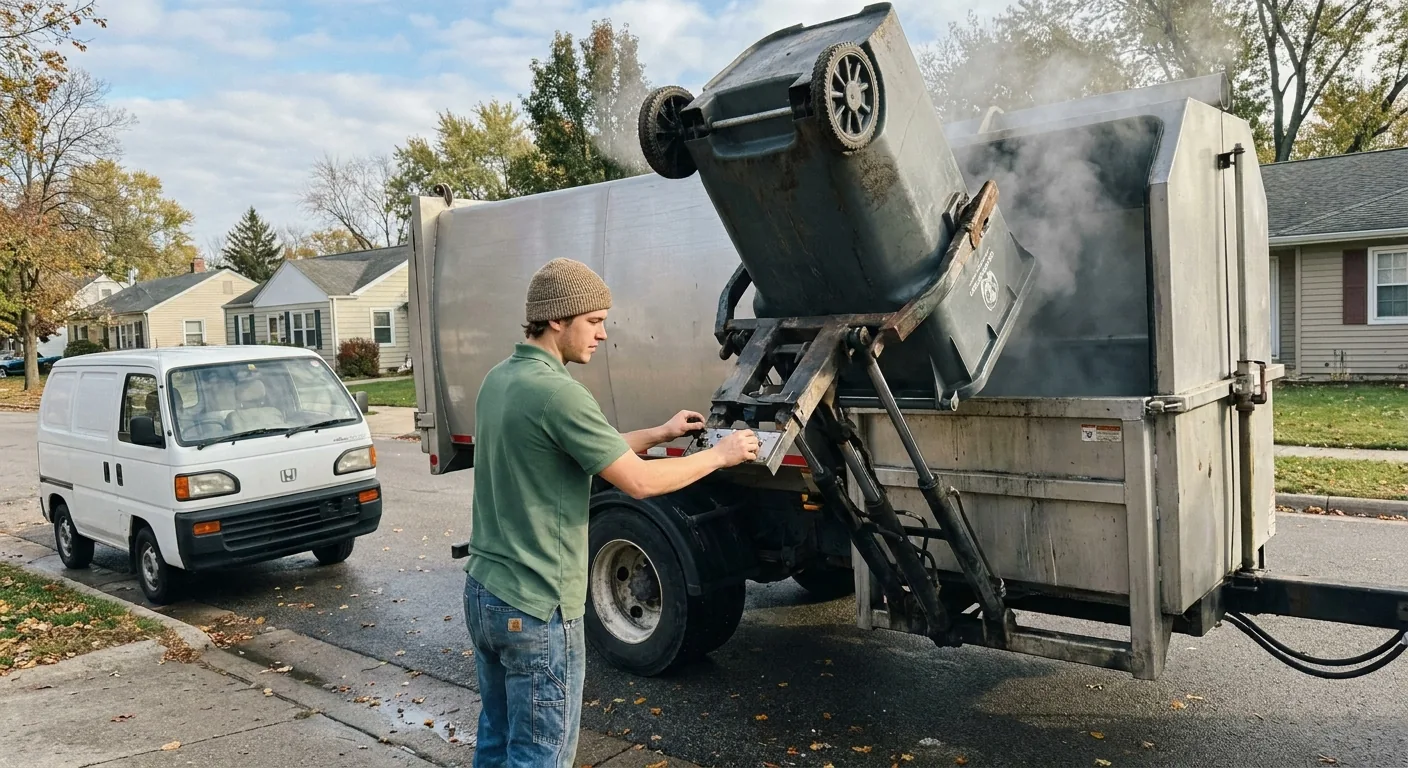 Trash bin cleaning technician operating a trash bin cleaning truck on a residential street