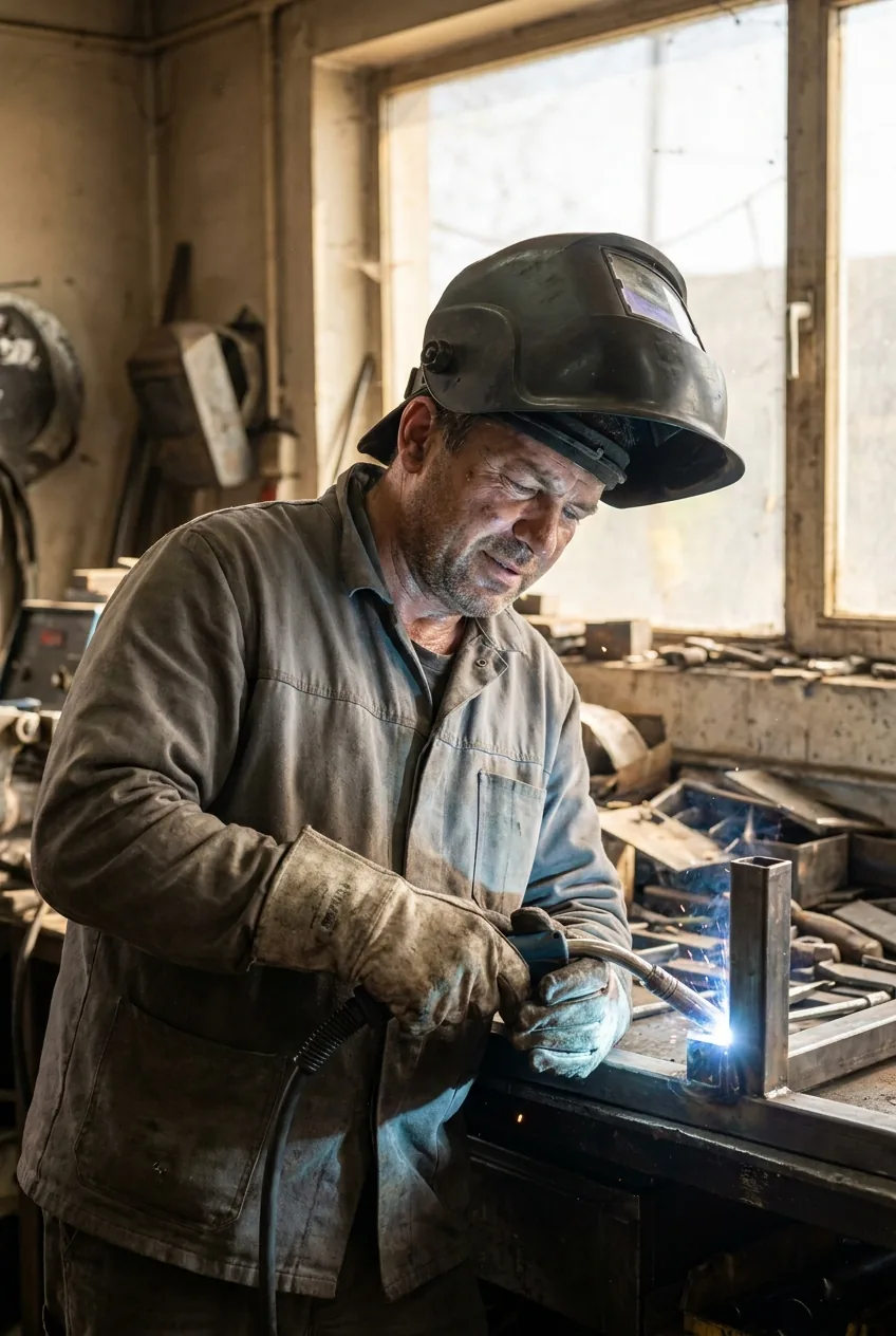 Mobile welder guiding a MIG gun along a steel joint behind an auto-darkening welding helmet