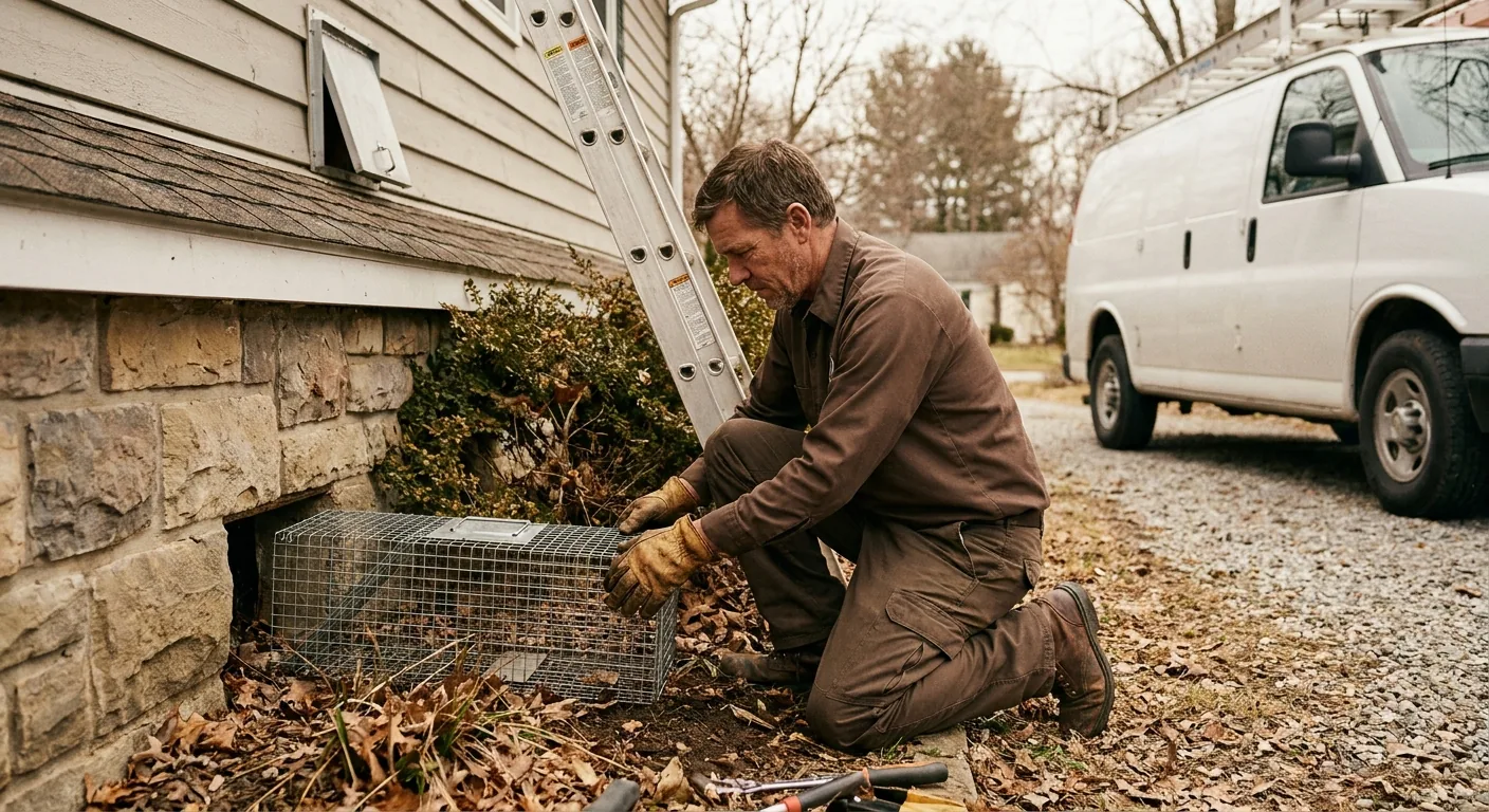 Wildlife removal technician in coveralls and heavy leather gloves placing a baited single-door wire cage trap against the foundation of a house near a likely entry point