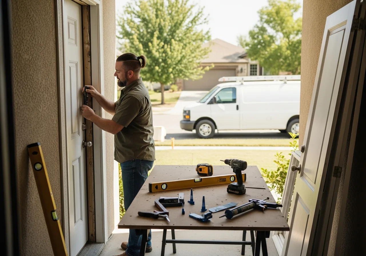 Door and window installer fitting a new pre-hung exterior door into its rough opening at a home entryway