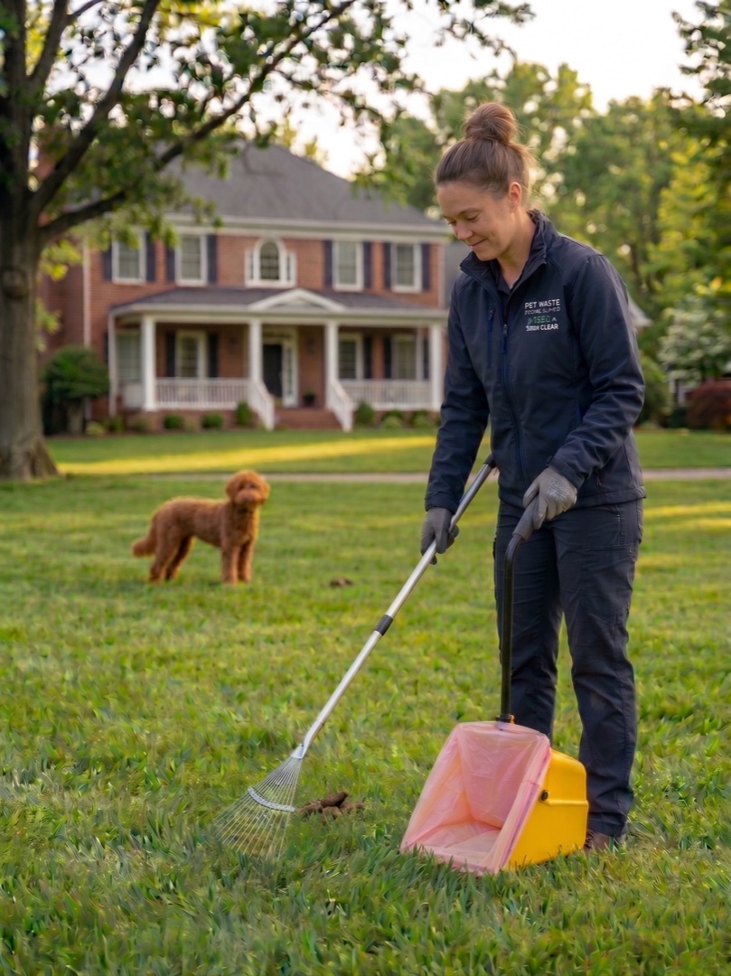 Pet waste removal pro with rake and scoop at a residential home